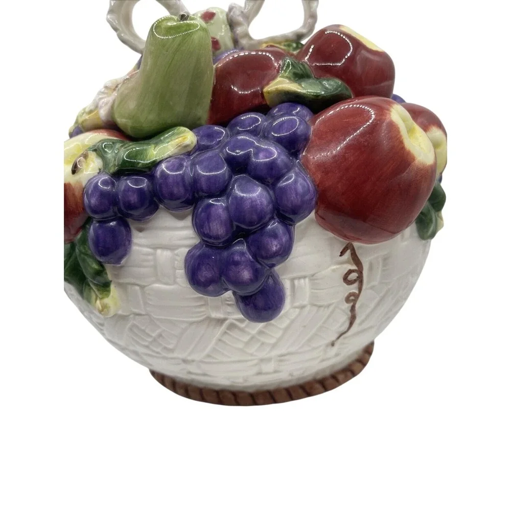 Ceramic Fruit Basket Lidded Trinket Dish Candy Bowl Figurine Apples Grapes Pears